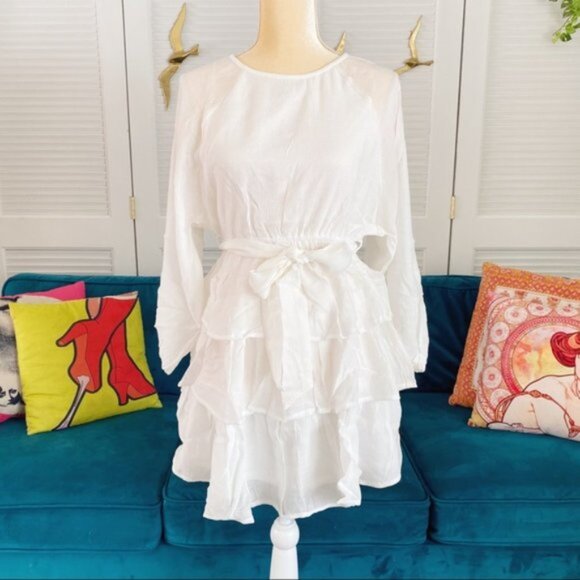 Entro | Elizabeth Tiered Puff Bubble Sleeve Dress White Layered Bohemian Small - Picture 3 of 15